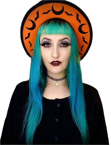 Vegan Felt Hat - "Orange bat moons"