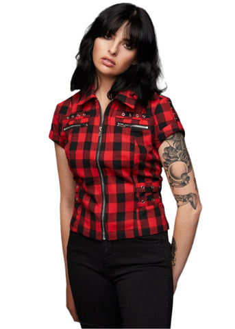 Rebel Yell Checkered Short Sleeve Zippered and Studded Shirt